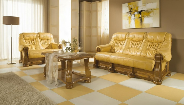 Sofagarnitur Holz Leder 3+2+1 Komplettes Set Klassik Couchgarnitur Sitz Polster