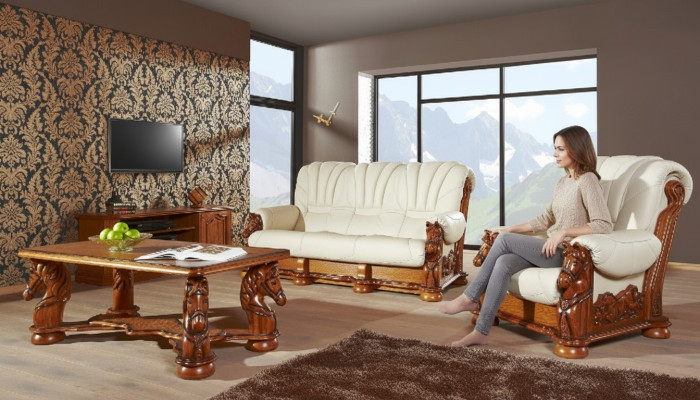 Klassische Sofagarnitur Couch Polster Sitz Garnitur Sofa Leder Holz 3+1+1 Set