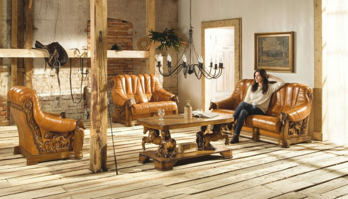 Klassische Sofagarnitur Couch Polster Sitz Sofa Leder Holz 3+2+2 Set Garnitur