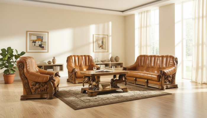 Klassische Sofagarnitur Couch Polster Sitz Sofa Leder Holz 3+2+2 Set Garnitur