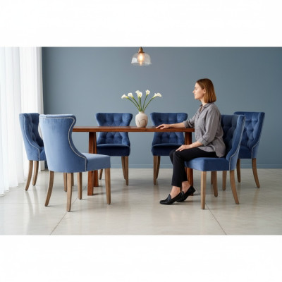 Rechteckiger Holztisch Designer x6 Chesterfield Blaue Stühle 7tlg. Essgruppe