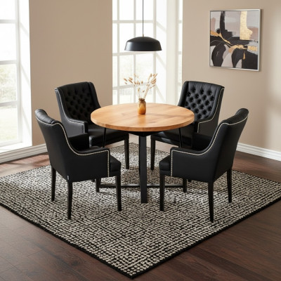 Moderne Esszimmer Möbel Edler Runder Holztisch + x6 Chesterfield Lederstühle 7tlg. Set