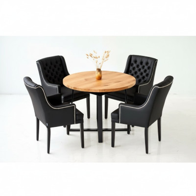 Moderne Esszimmer Möbel Edler Runder Holztisch + x6 Chesterfield Lederstühle 7tlg. Set