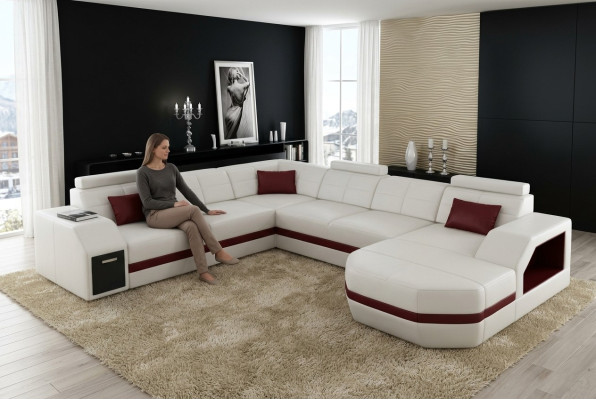 Wohnlandschaft Ledersofa Couch Ecksofa Eck Garnitur Design Modern Sofa mit USB