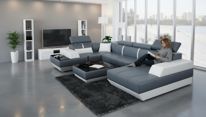 Moderne Sitzecke Ledersofa Polster Ecksofa Sofa Couch Wohnlandschaft K5015 + USB