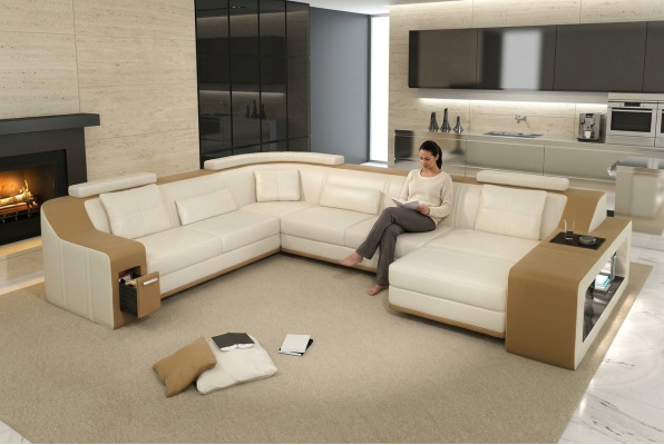 Moderne Sitzecke Ecksofa Sofa Polster Couch Leder Eckgarnitur Wohnlandschaft USB
