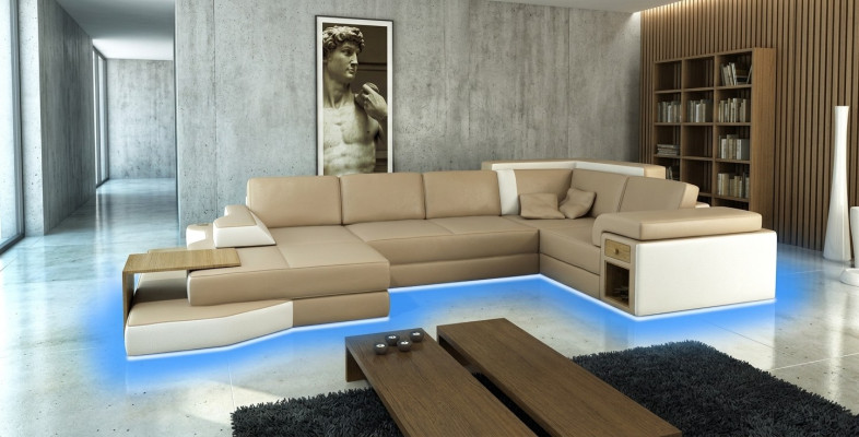 XXL Design Ecksofa Big Sofa mit USB Couch Wohlandschaft U Form Leder Textil Ecke