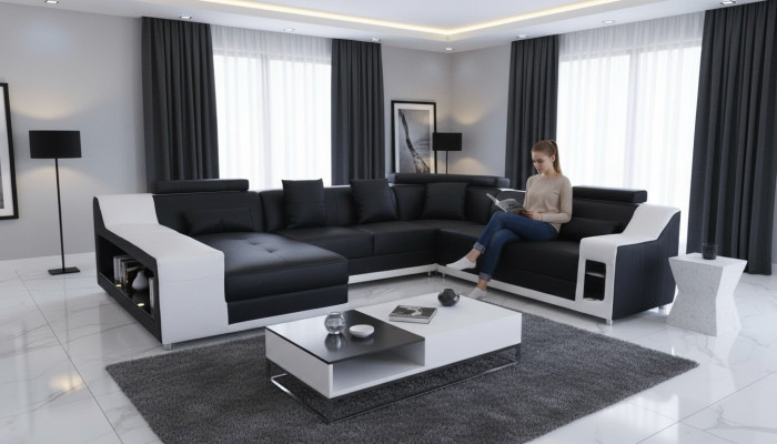 U Förmige Wohnzimmer Eckcouch Sitzgarnitur Ecksofa Leder Sofa Polster Couch +USB