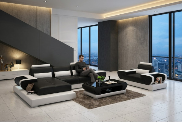 Design XXL Big Sofa mit USB,Ecksofa Ledersofa Couch Polster Ecke Wohnlandschaft