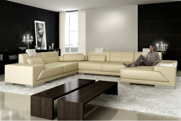 Ledersofa mit USB Couch Polster Ecke Wohnlandschaft Ecksofa Design Leder Neu LED