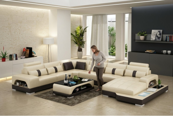 Leder U Form Wohnlandschaft Couch Big XXL Sofa LED USB Polster Ecke Garnitur Eck