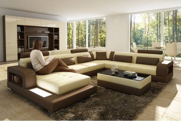 XXL Big Wohnlandschaft Sofa mit USB Polster Leder Sofa Garnitur Couchen Licht