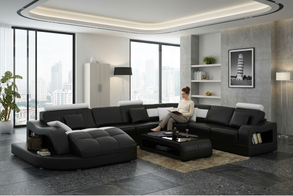 Designer Ecksofa mit Liege Couch Sofa Wohnlandschaft Ledersofa U Form mit USB