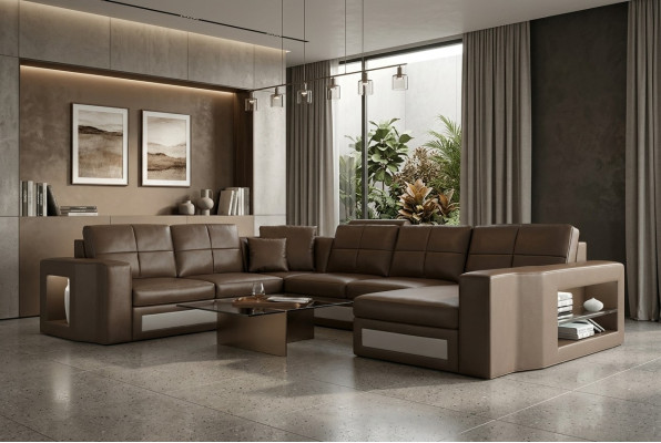 Design Wohnlandschaft Ledersofa Ecksofa Eckcouch Polster Sofa Ecke USB + LED