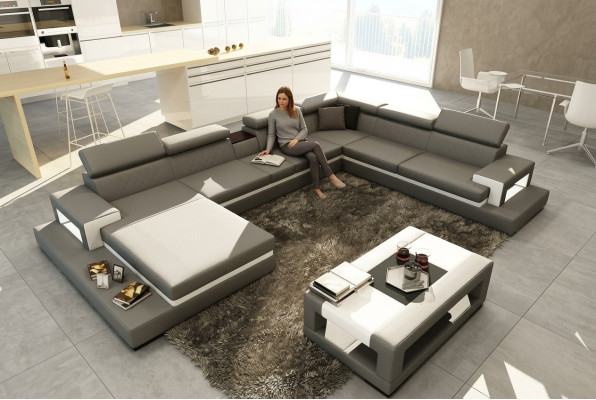 Ledersofa mit USB,Sofa Ecksofa U Form Couch Wohnlandschaft Designer Sitz Ecke