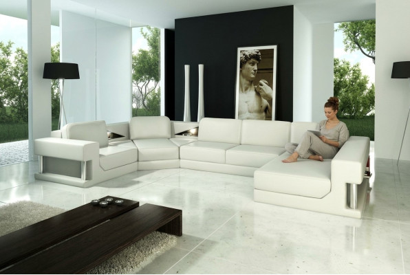 Ecksofa Moderne Leder Sofa Wohnlandschaft + USB Polster Eckgarnitur Design Couch