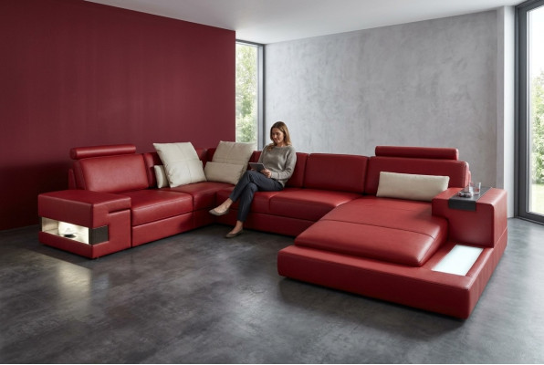 Ecksofa mit USB & LED Wohnlandschaft Sofa Polster Couch Garnitur U Form Leder