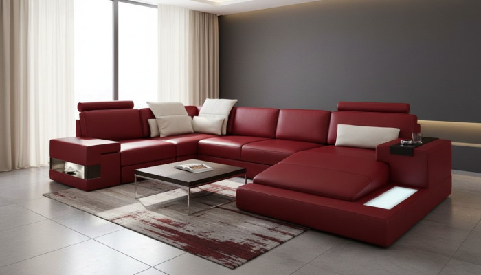 Ecksofa mit USB & LED Wohnlandschaft Sofa Polster Couch Garnitur U Form Leder