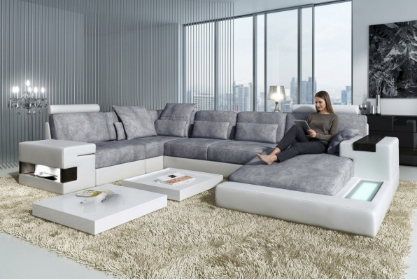 Leder U Form Wohnlandschaft Polster Eckcouch Couch mit USB Leder Sofa Ecksofa