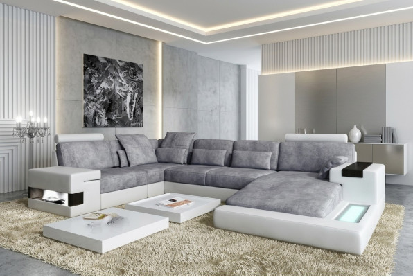 Leder U Form Wohnlandschaft Polster Eckcouch Couch mit USB Leder Sofa Ecksofa