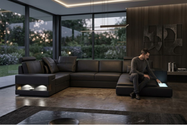 Textil Stoffsofa Sofa Couch Polster Wohnlandschaft Design Sofas Ecksofa USB LED