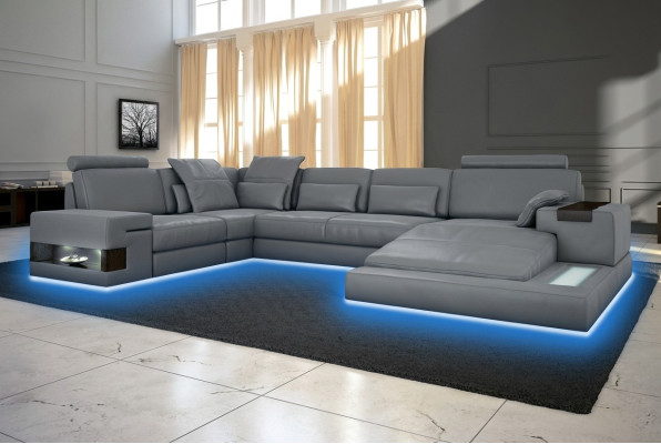 Großes Sofa Wohnlandschaft Ledersofa mit USB Design Sofa Couch Polster Ecksofa