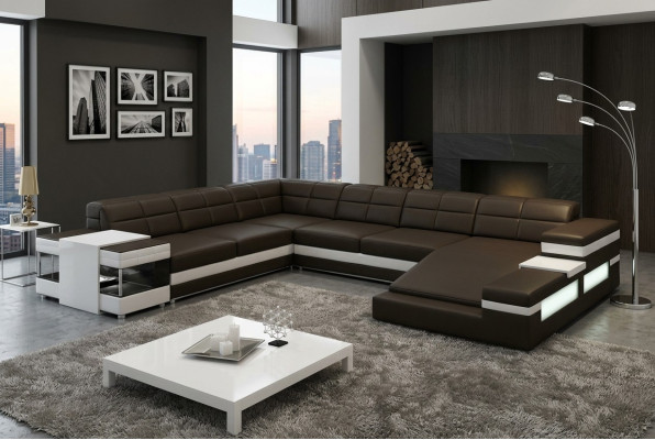 Ledersofa LED USB Sofa Couch Polster Ecke Wohnlandschaft Ecksofa Design Leder