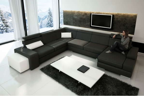 U Form Sofa mit USB Couch Polster Wohnlandschaft Leder Eckgarnitur XXL Neu