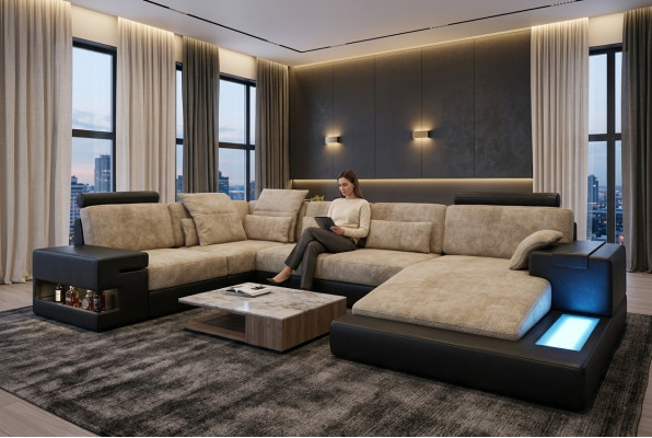 Ecksofa Sofa Wohnlandschaft U Form Polster Couch Ledersofa Stoff Leder USB + LED