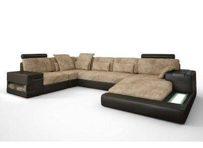 Ecksofa Sofa Wohnlandschaft U Form Polster Couch Ledersofa Stoff Leder USB + LED