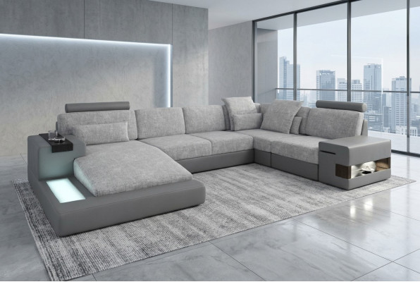 Ecksofa Wohnlandschaft U Form Ledersofa Sofa Polster Couch Stoff Leder USB + LED