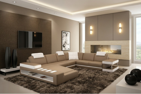 XXL Wohnlandschaft U Form Ledersofa Polster Ecksofa Sofa Couch Leder Textil USB