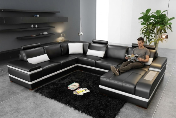 Ecksofa Ledersofa mit USB Big XXL U Form Wohnlandschaft Sofa Couch Garnitur LED