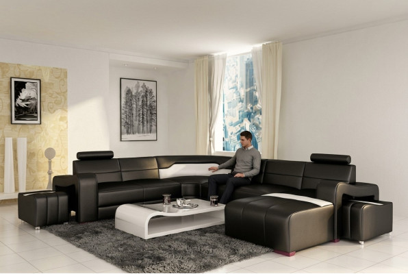 Wohnlandschaft Couch Polster Eck Garnitur Designer Ledersofa Big Sofa USB Neu
