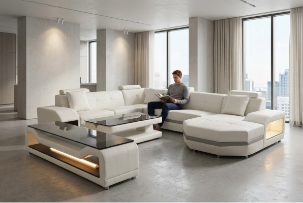 Leder Sofa Couch Polster Eck Sitz Garnitur Wohnlandschaft U Form couchen +USB