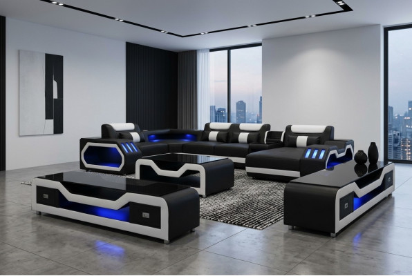 Leder Sofas Eck Garnitur Design Sofa Wohnlandschaft + Couch Tisch + RTV USB Neu
