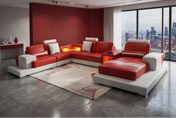 Ledersofa Couch Wohnlandschaft Garnitur Design Modern Sofa U-Form mit USB Licht