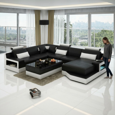 Ledersofa Ecksofa + USB Garnitur Wohnlandschaft Polster U Form Couch Sofa Design