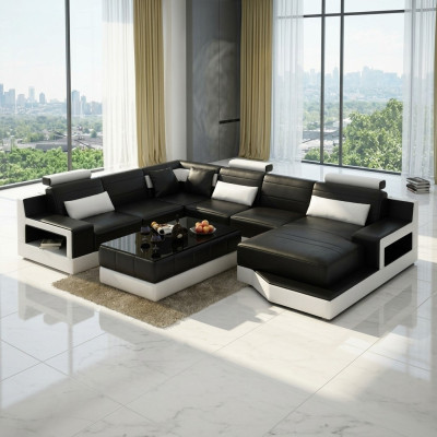Ledersofa Ecksofa + USB Garnitur Wohnlandschaft Polster U Form Couch Sofa Design