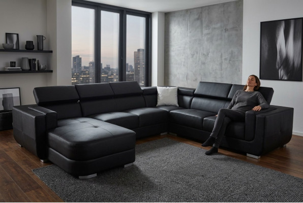 Designer Wohnlandschaft Eckcouch +USB Sofa Polster Ledersofa Sofas Neu Schwarz