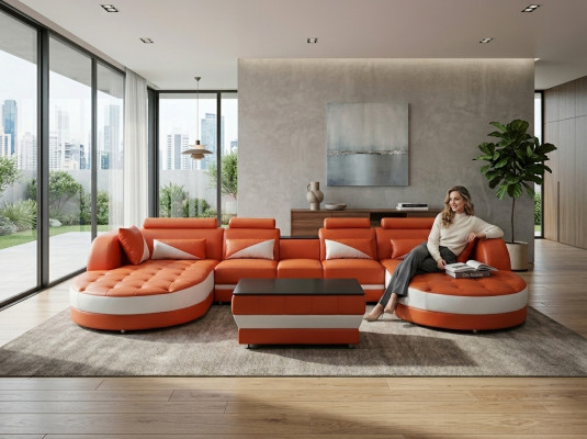 Moderne Leder Sofa Eckcouch Polster Wohnzimmer Ecksofa U Form Wohnlandschaft USB