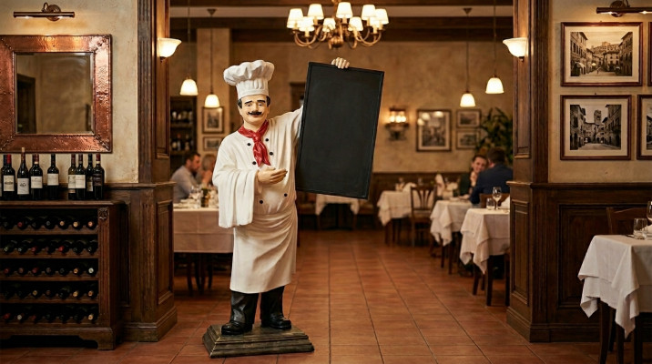 Koch Figur Statue Skulptur Werbefigur Menü Tafel Werbeaufsteller Speisekarte