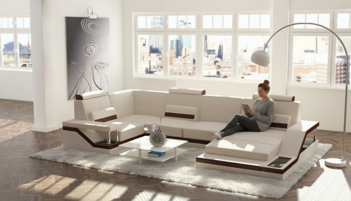 Wohnlandschaft Sofa + USB Polster Sitz Ecksofa Garnitur Textil Stoff Leder Sofas