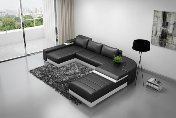 Ecksofa Eck Sofa mit USB Polster Leder Garnitur Wohnlandschaft Liege Bellenberg