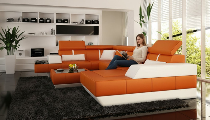 Ledersofa + USB Sofa Ecksofa Eckcouch Ledercouch Poster Ecke NEU Wohnlandschaft
