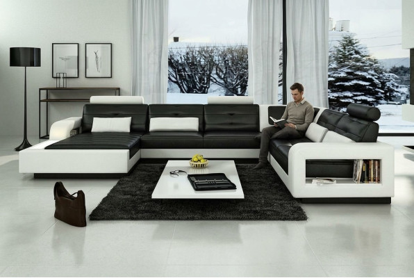 Ledersofa mit USB Ledercouch Sofa Garnitur Wohnlandschaft Eckcouch Ecksofa H2209