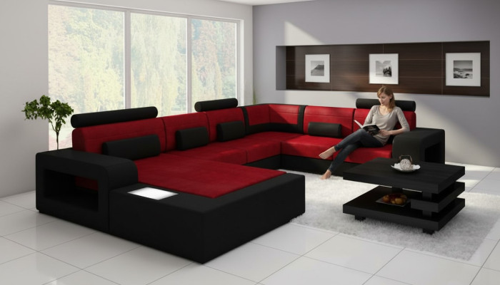 Sofa mit USB Stoff Textil Leder Sofa mit Beleuchtung Wohnlandschaft Maßfertigung