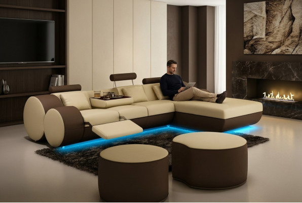Designer Leder Ecksofa Wohnlandschaft Ledercouch+ USB Garnitur Eckcouch Madrid