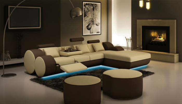 Designer Leder Ecksofa Wohnlandschaft Ledercouch+ USB Garnitur Eckcouch Madrid