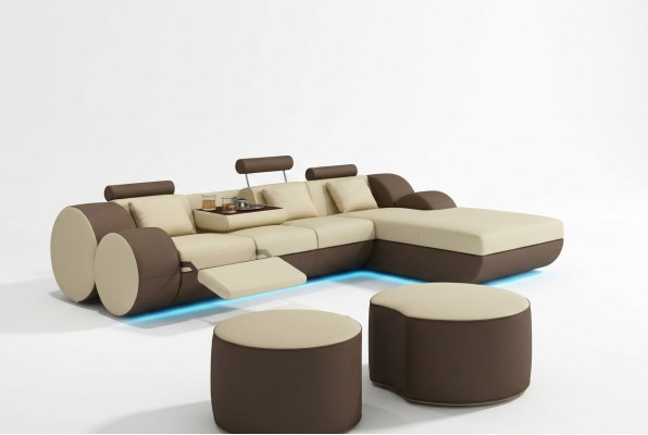 Designer Leder Ecksofa Wohnlandschaft Ledercouch+ USB Garnitur Eckcouch Madrid